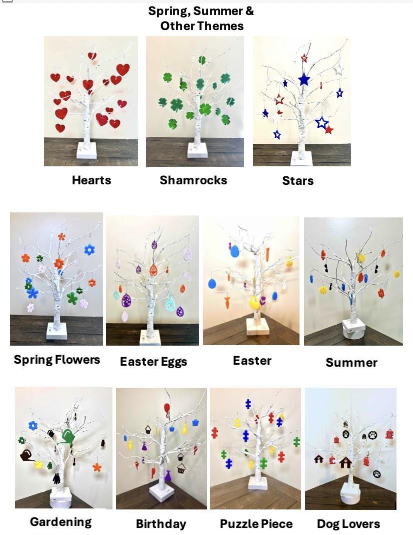 Collection of decorative trees with various spring, summer and other themed decorations on a white background.