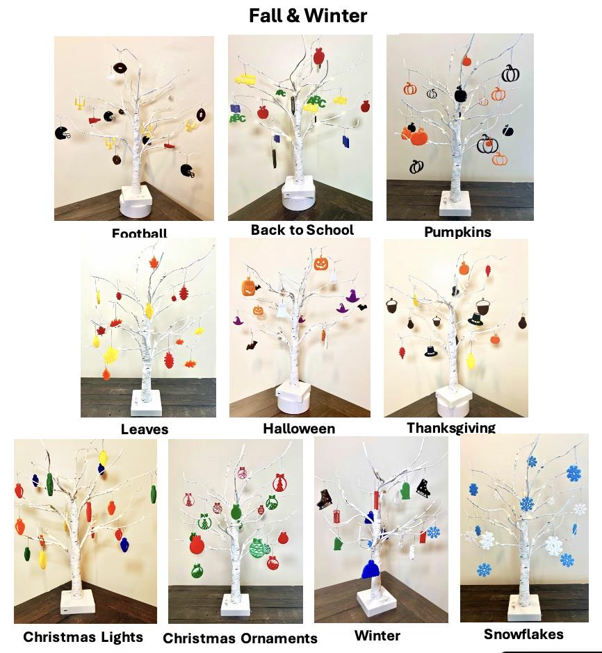 Decorative tree with various Fall and Winter themed ornaments including football, back to school, pumpkins, leaves, Halloween, Thanksgiving, Christmas lights, Christmas ornaments, and snowflakes.