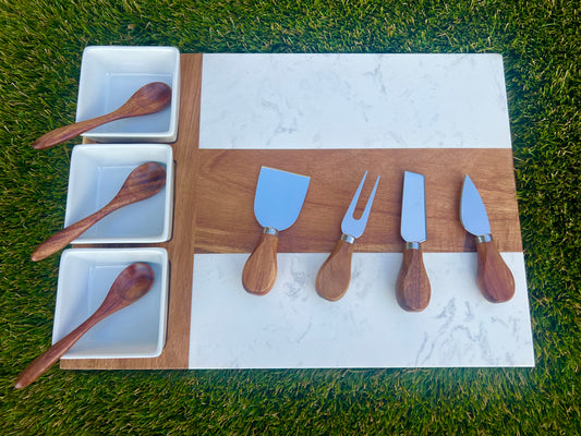 White Marble & Acacia Board 11 piece Charcuterie Gift Set