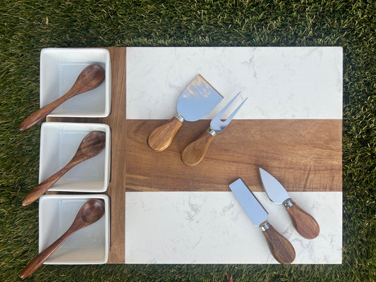 White Marble & Acacia Board 11 piece Charcuterie Gift Set